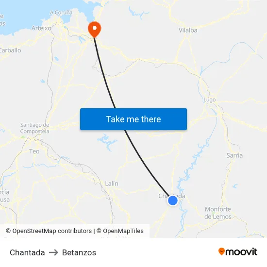Chantada to Betanzos map