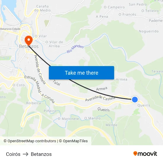 Coirós to Betanzos map