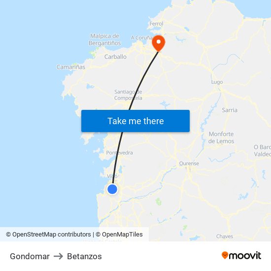 Gondomar to Betanzos map