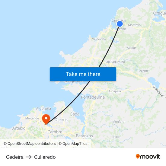 Cedeira to Culleredo map