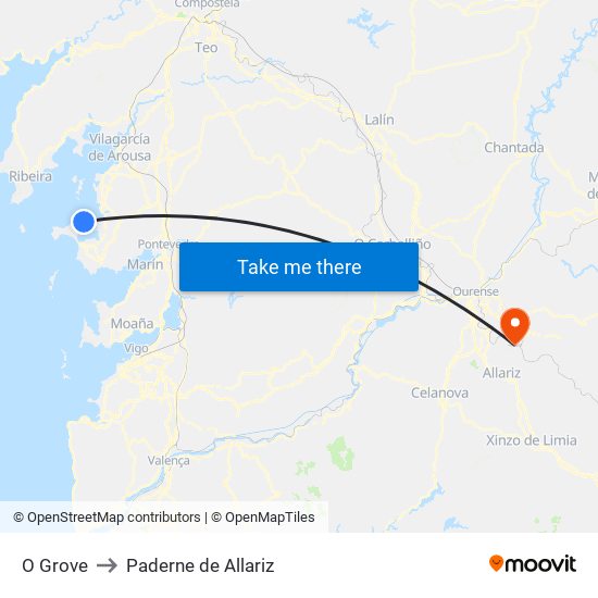 O Grove to Paderne de Allariz map