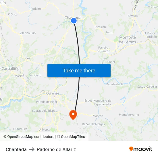 Chantada to Paderne de Allariz map