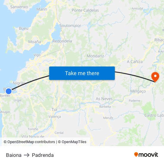 Baiona to Padrenda map