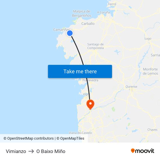 Vimianzo to O Baixo Miño map