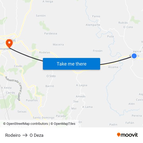 Rodeiro to O Deza map
