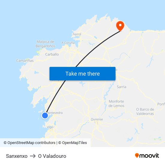Sanxenxo to O Valadouro map