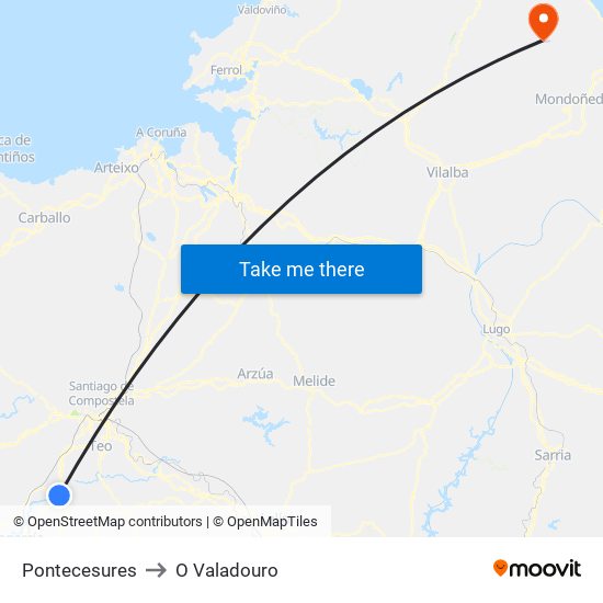 Pontecesures to O Valadouro map