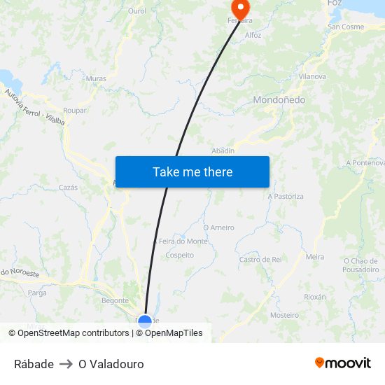 Rábade to O Valadouro map