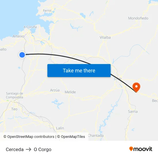 Cerceda to O Corgo map