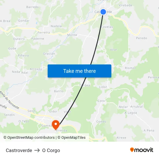 Castroverde to O Corgo map