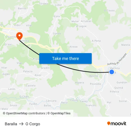 Baralla to O Corgo map