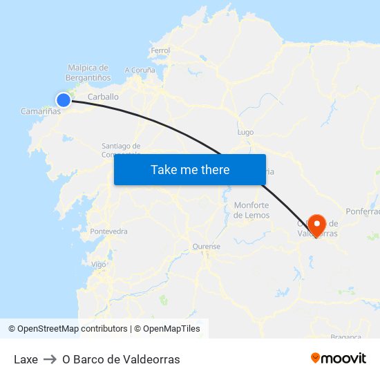 Laxe to O Barco de Valdeorras map