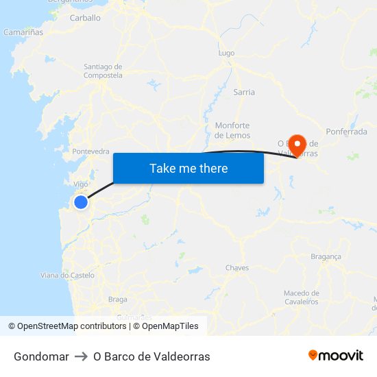 Gondomar to O Barco de Valdeorras map