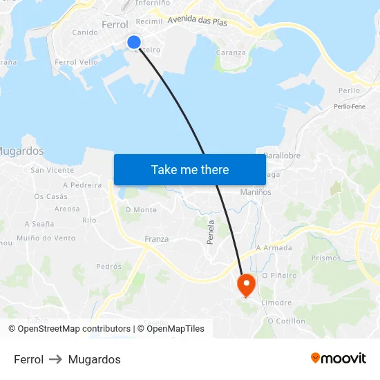 Ferrol to Mugardos map