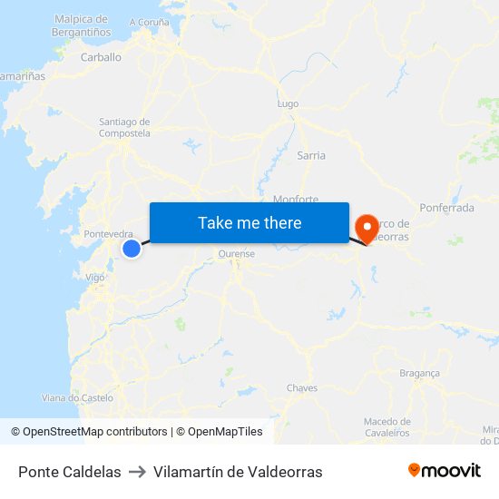 Ponte Caldelas to Vilamartín de Valdeorras map