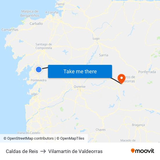 Caldas de Reis to Vilamartín de Valdeorras map