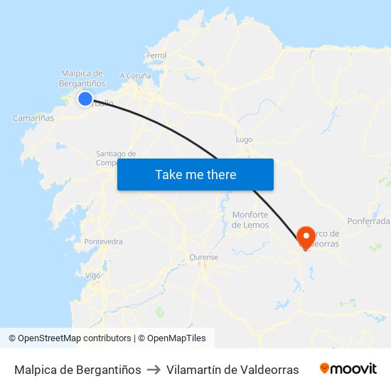 Malpica de Bergantiños to Vilamartín de Valdeorras map