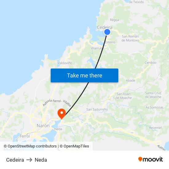 Cedeira to Neda map