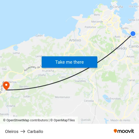 Oleiros to Carballo map