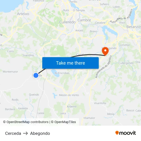 Cerceda to Abegondo map