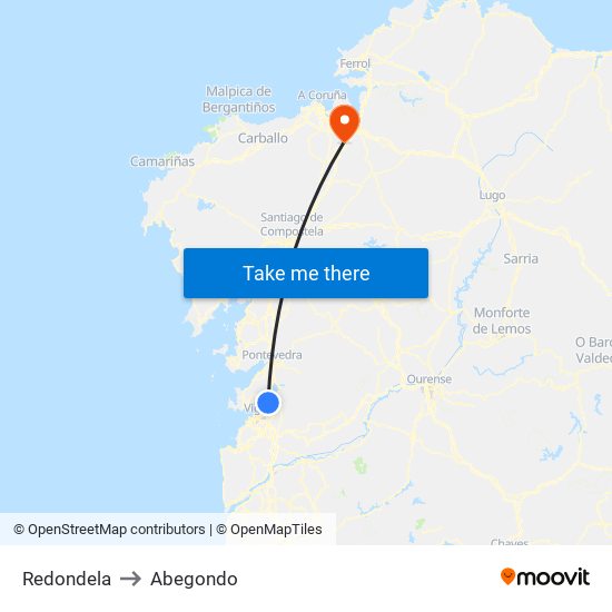 Redondela to Abegondo map