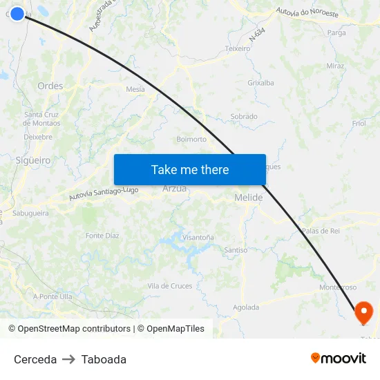 Cerceda to Taboada map