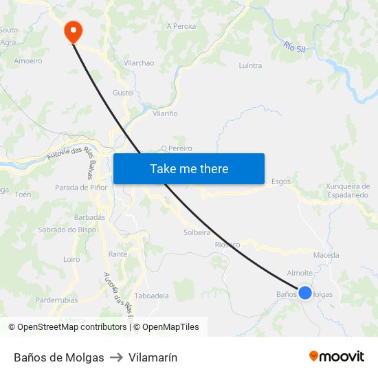 Baños de Molgas to Vilamarín map