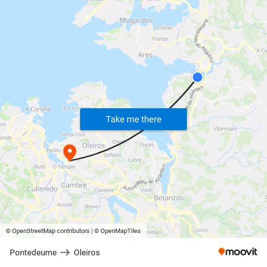 Pontedeume to Oleiros map