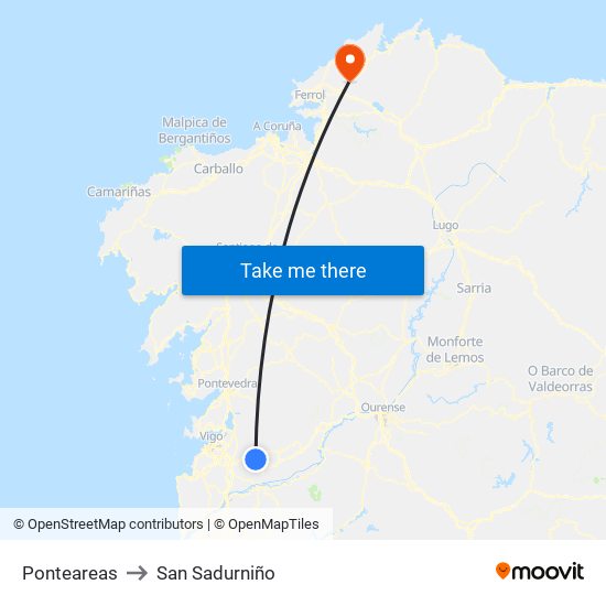 Ponteareas to San Sadurniño map