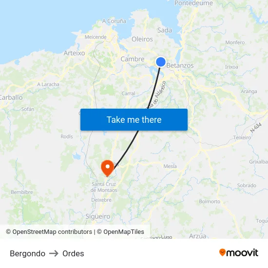 Bergondo to Ordes map