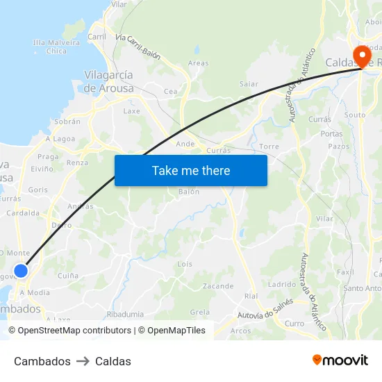 Cambados to Caldas map