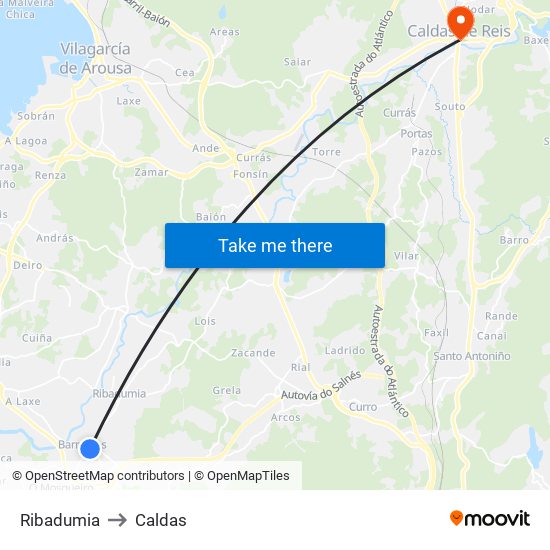 Ribadumia to Caldas map