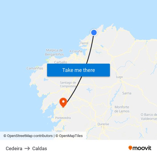 Cedeira to Caldas map