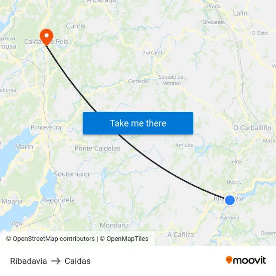 Ribadavia to Caldas map