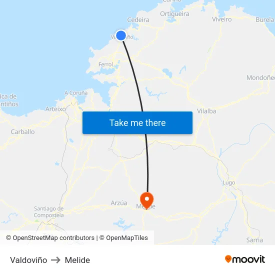 Valdoviño to Melide map