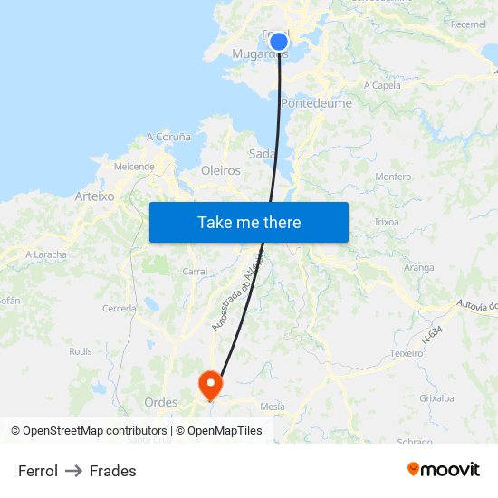 Ferrol to Frades map