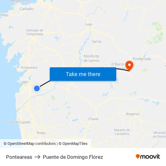 Ponteareas to Puente de Domingo Flórez map