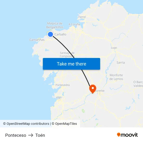 Ponteceso to Toén map