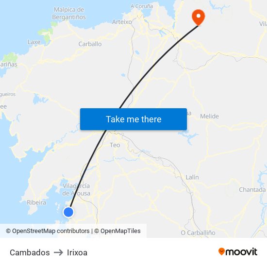 Cambados to Irixoa map