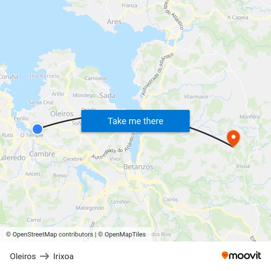 Oleiros to Irixoa map