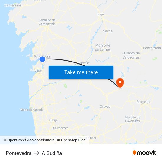 Pontevedra to A Gudiña map
