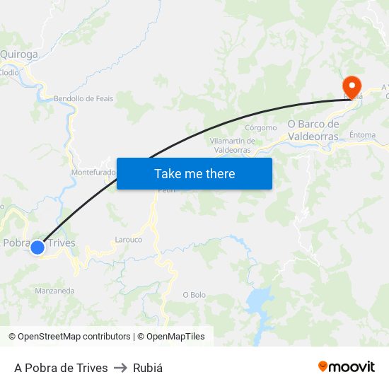 A Pobra de Trives to Rubiá map