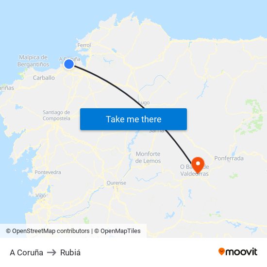 A Coruña to Rubiá map