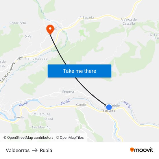 Valdeorras to Rubiá map