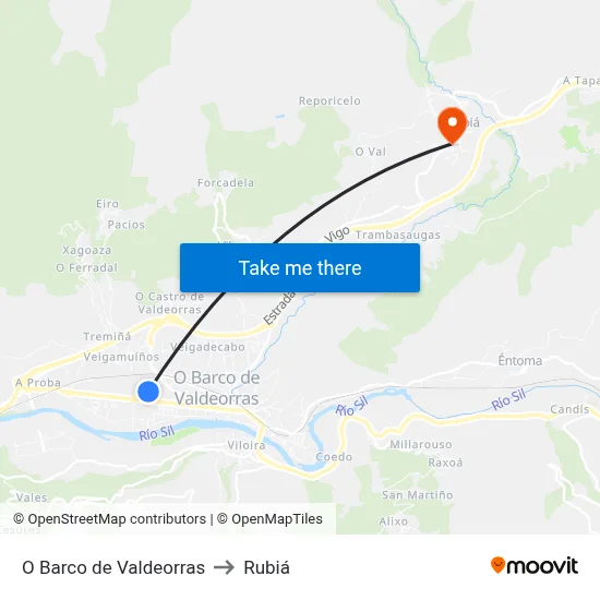 O Barco de Valdeorras to Rubiá map
