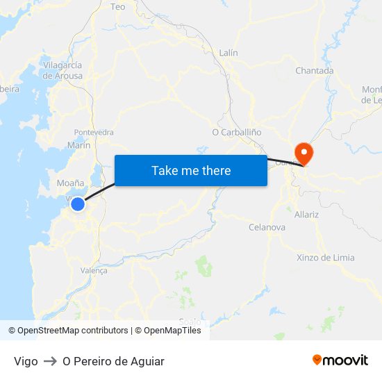 Vigo to O Pereiro de Aguiar map