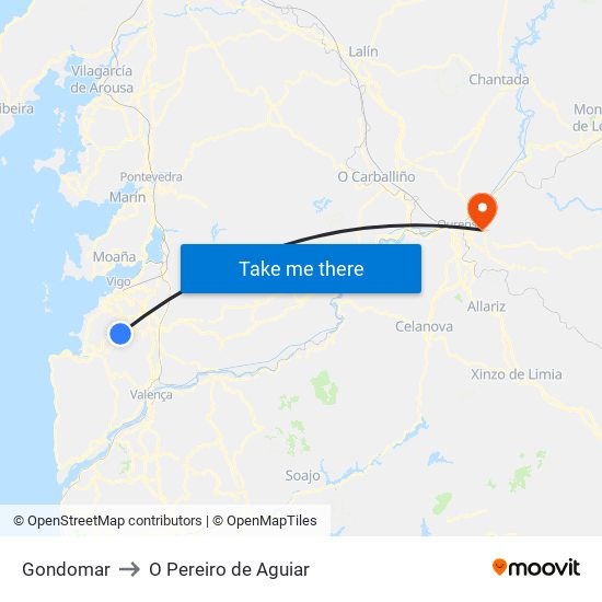 Gondomar to O Pereiro de Aguiar map