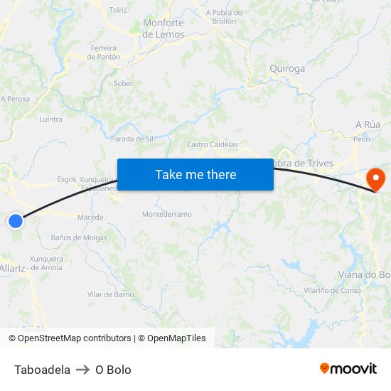 Taboadela to O Bolo map