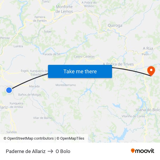Paderne de Allariz to O Bolo map