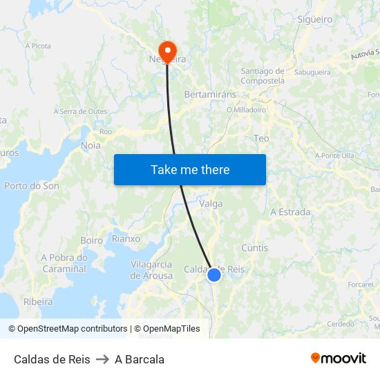 Caldas de Reis to A Barcala map